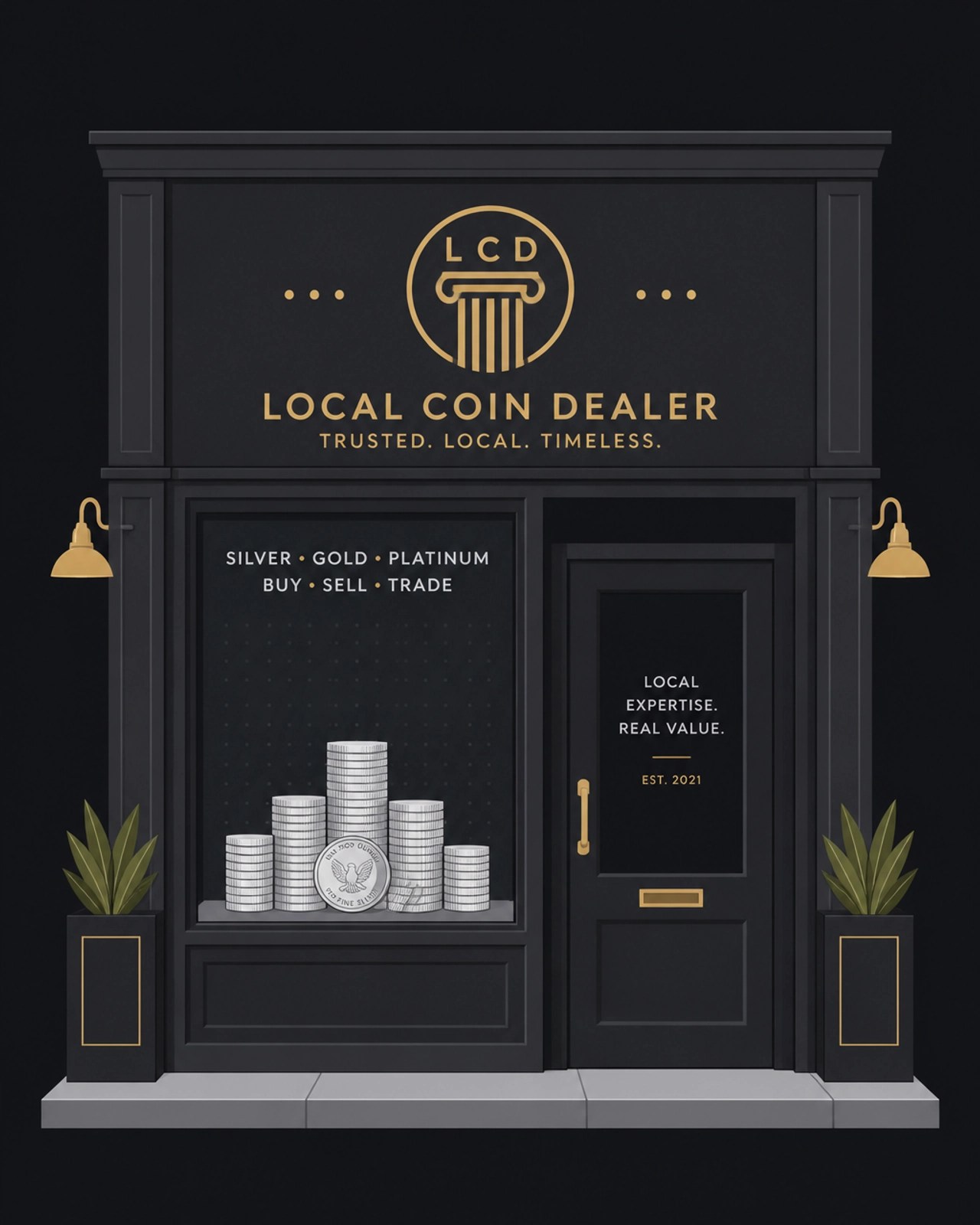 Graphic vector illustration of a small, professional storefront with a gold 'Regatta' style anchor logo above the door. A stack of silver coins sits in the window. Dark background, minimalistic flat design.