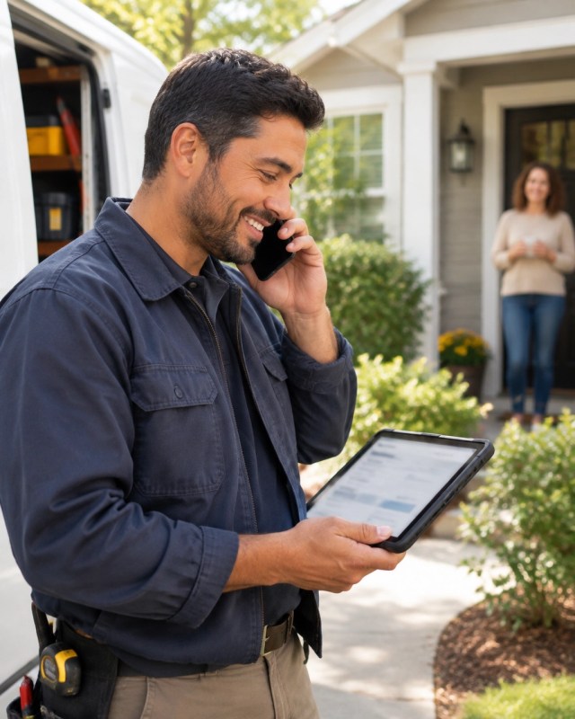 Home Services Owner Managing a Customer Estimate Home services business owner speaking with an office teammate while managing a customer estimate