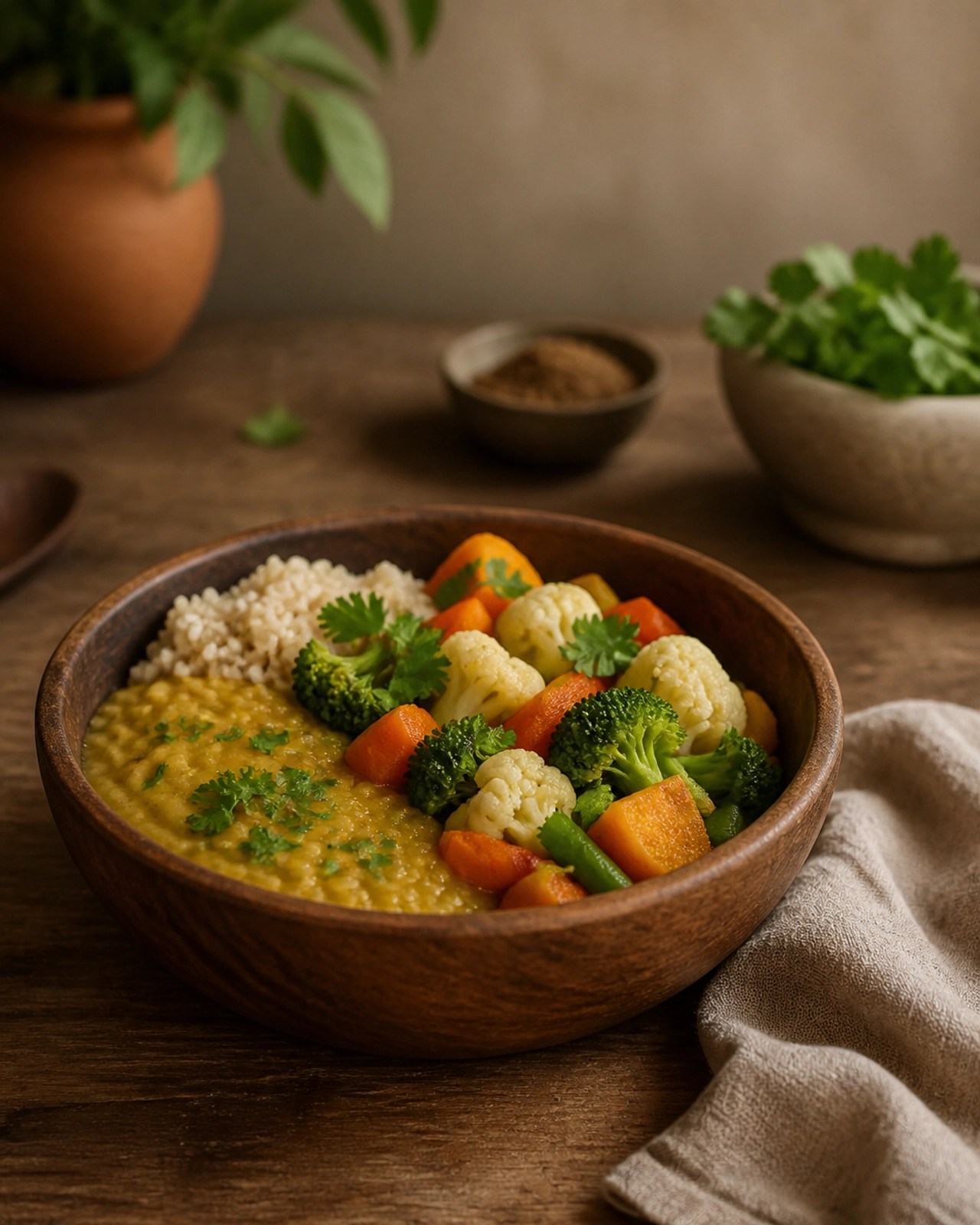 A balanced Ayurvedic meal emphasizing fresh, warm ingredients