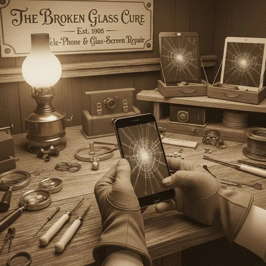 Vintage-themed repair bench with precision tools and multiple smartphones with shattered screens.