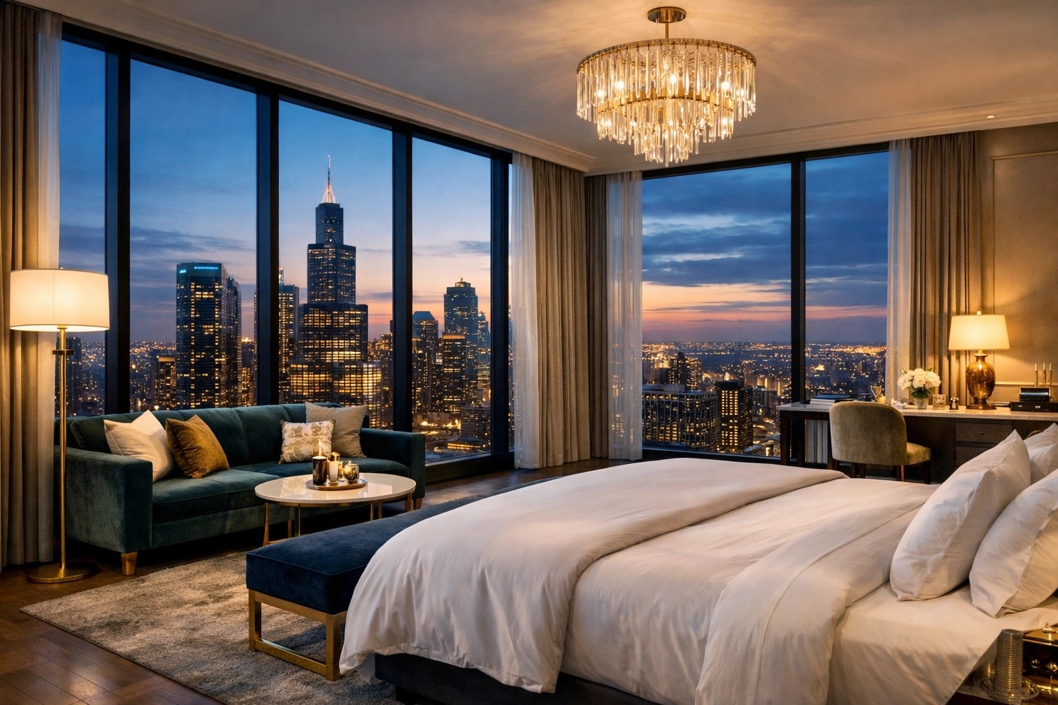 Fresh, stunning luxury hotel suite with floor-to-ceiling windows, skyline views, crisp linens, and rich design details, no people.