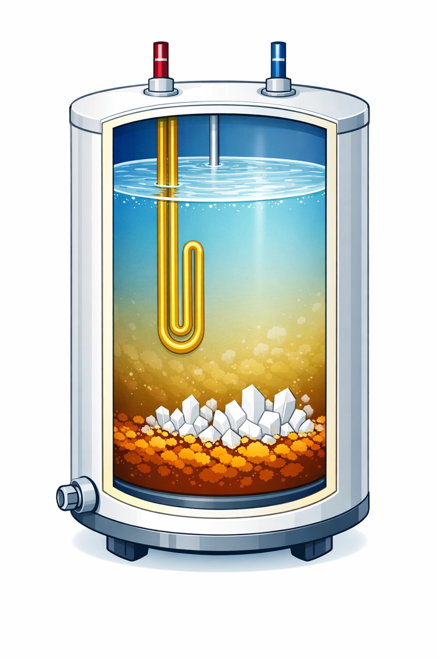 Sediment buildup in water heater tank from hard water causing efficiency problems