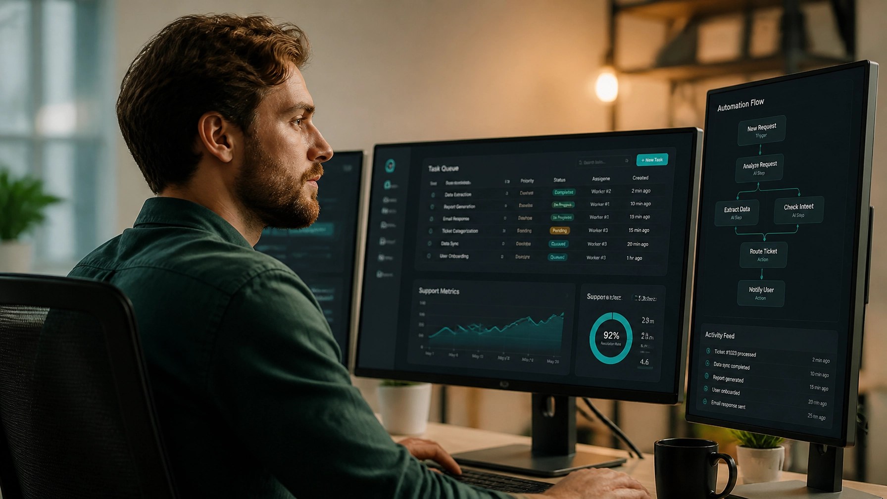 Professional solo technical operator overseeing automated workflows across multiple screens with clean teal-accented UI.