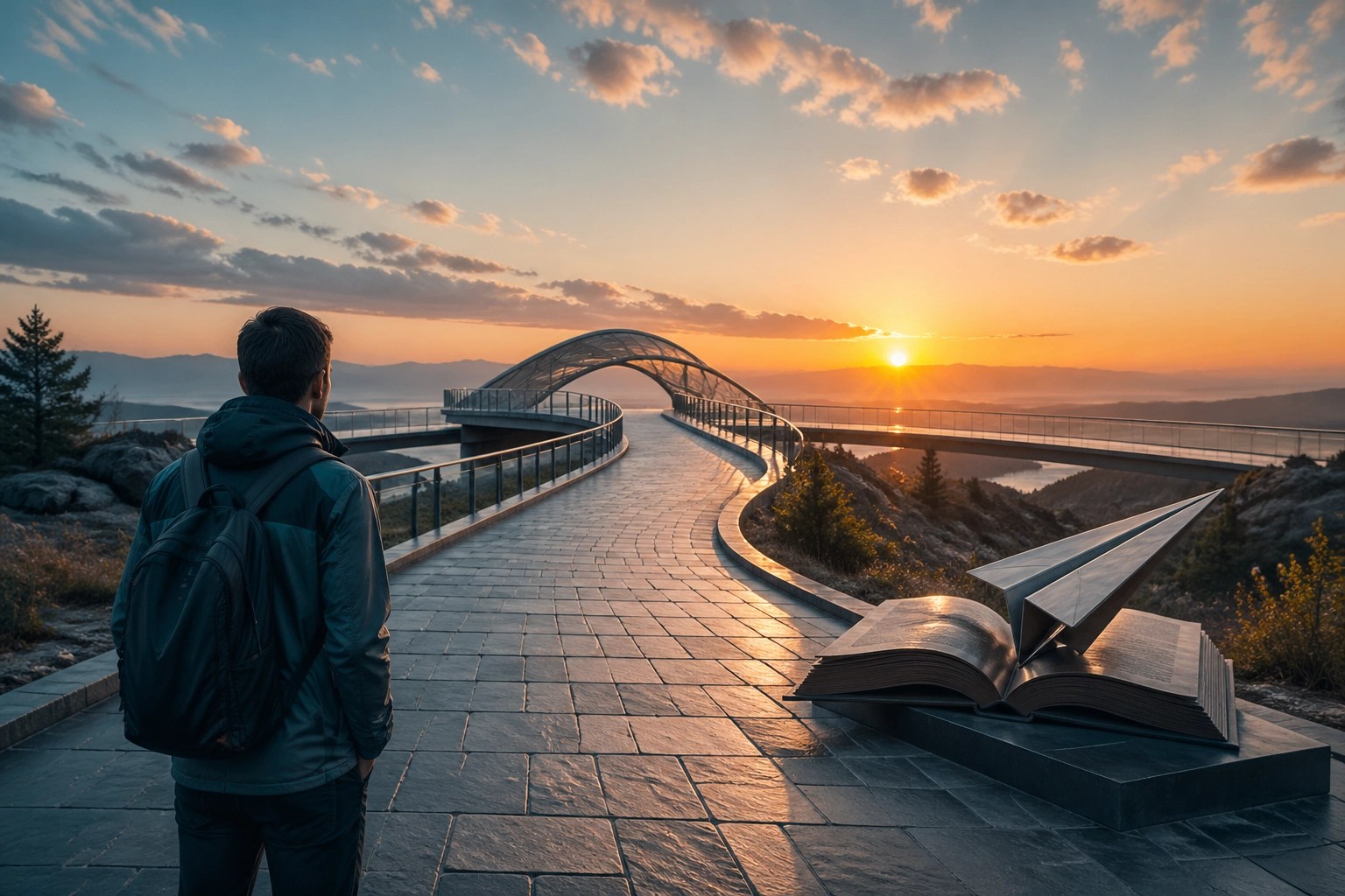 Strategic career journey on a stone pathway toward a bridge, symbolizing a professional launchpad for success.