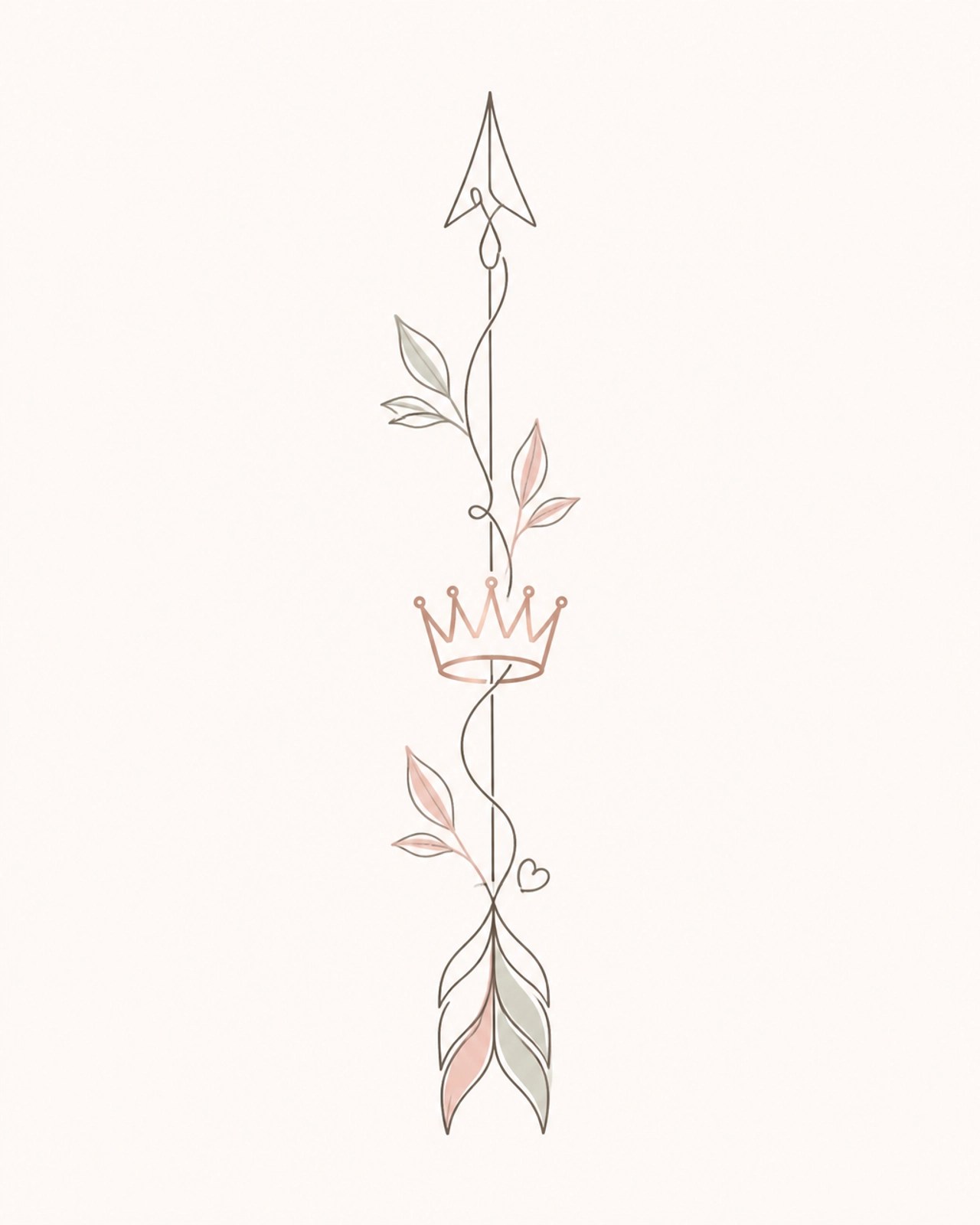Minimalist fine-line illustration of a single arrow pointing upwards with delicate leaves and a small rose-gold crown.