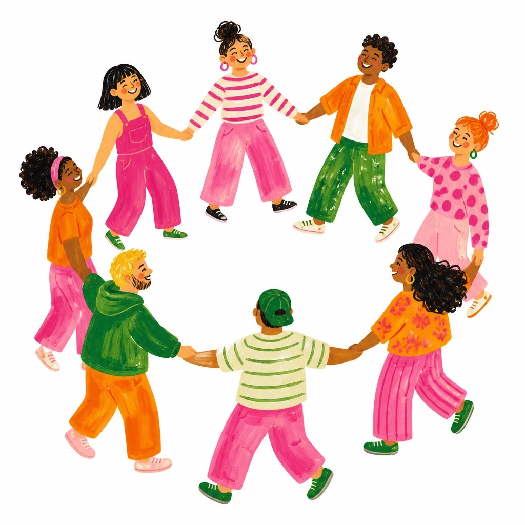 A whimsical, colorful illustration of a diverse community holding hands in unity.