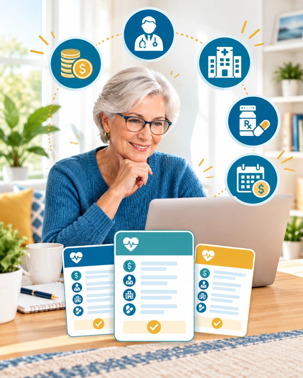 Senior woman comparing Medicare plan information on a laptop
