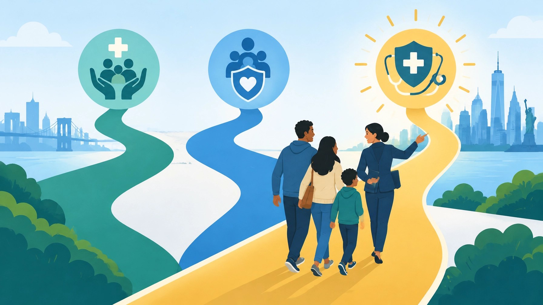 Simple pathways showing a New York household moving between Medicaid, Essential Plan, and Qualified Health Plan coverage