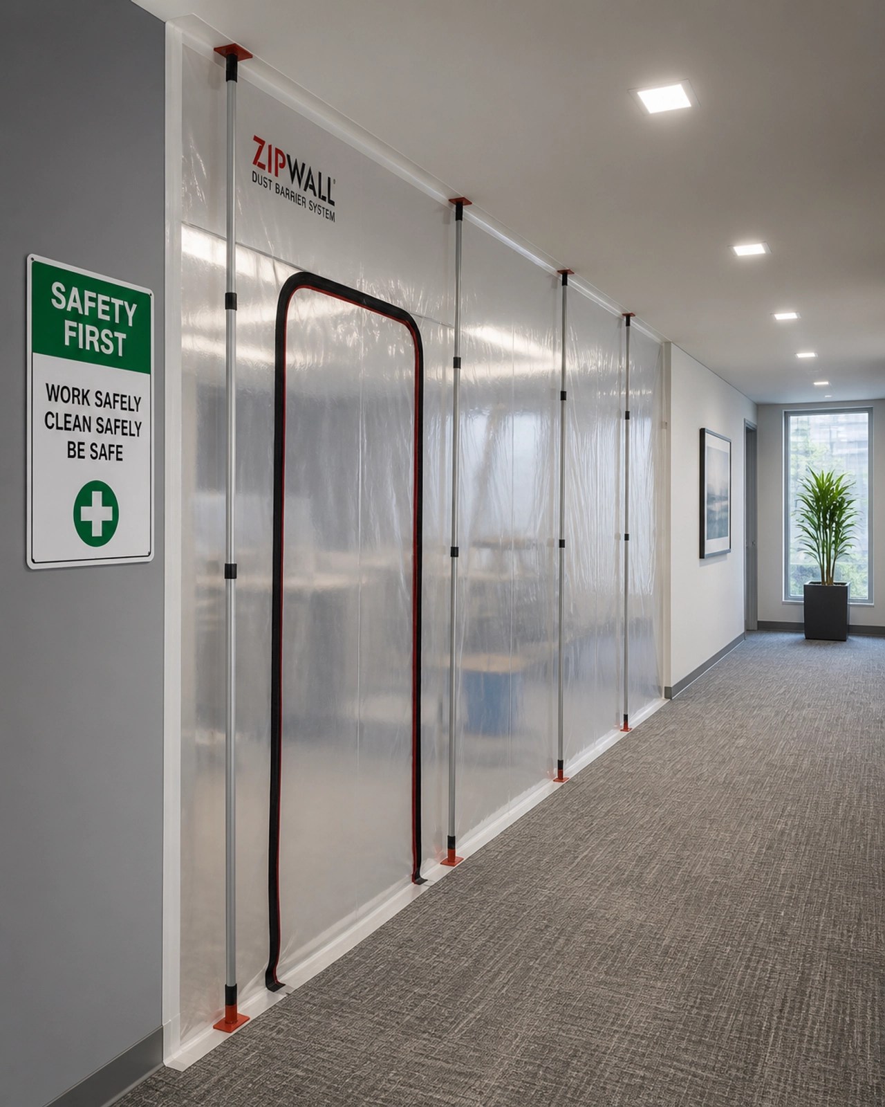 A professional dust containment system installed in a clean office hallway