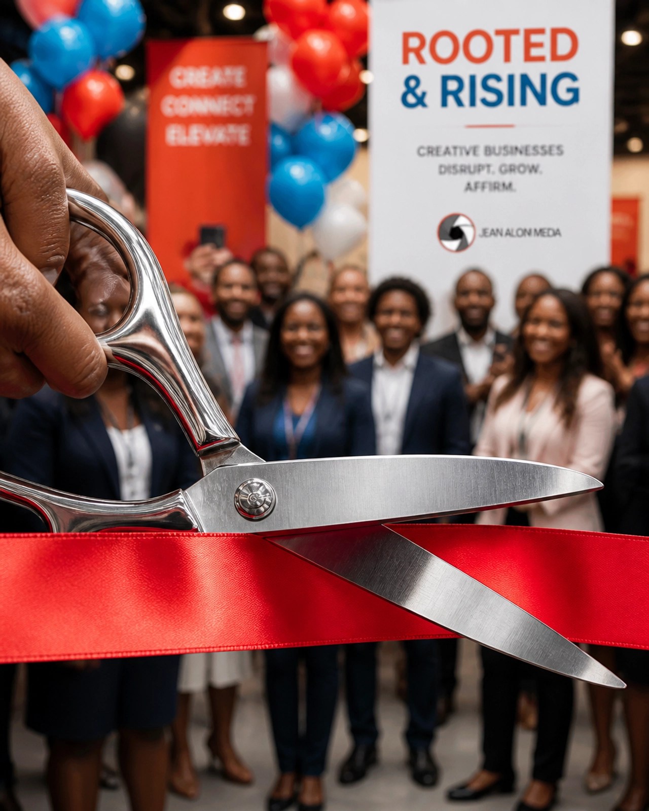 Close-up of ceremonial silver scissors cutting a red ribbon with vibrant brand accents