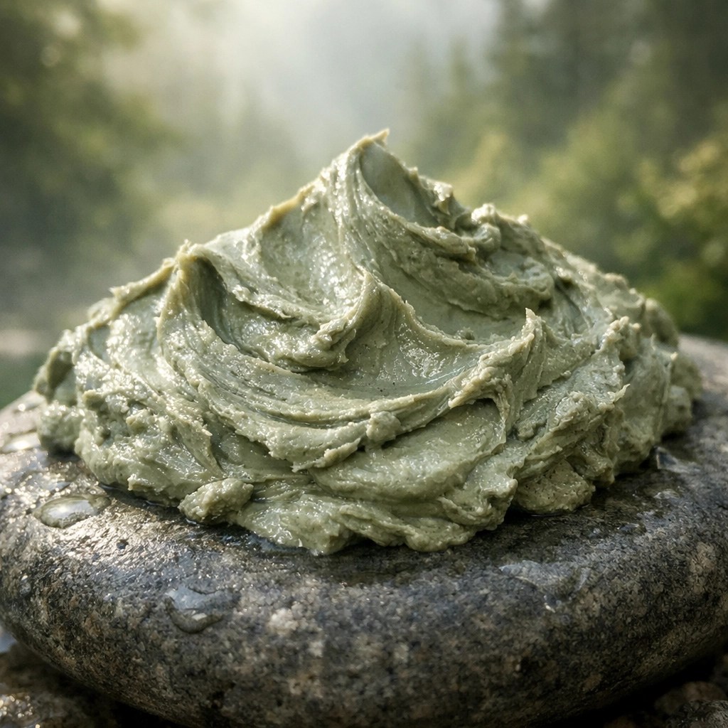 Green clay close-up showing natural, mineral-rich healing clay texture—often compared with Clayer French Green Clay for purity and safety. Pure green clay (French illite) on a river stone—healing clay minerals for skin soothing.