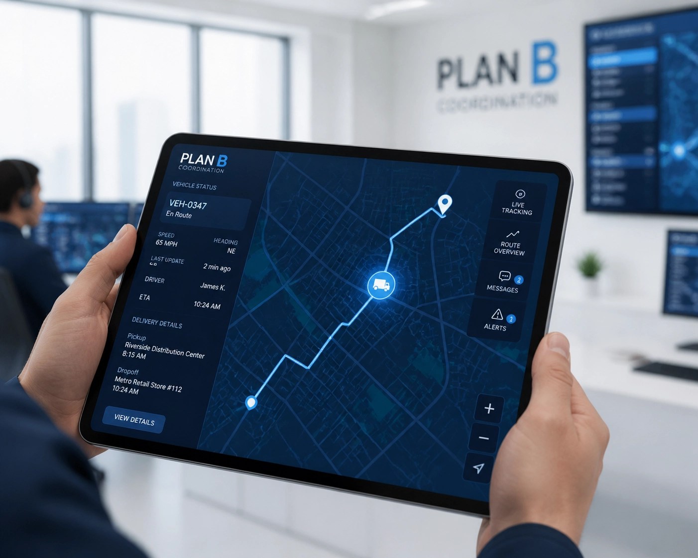 Medical transport dispatcher using a tablet for real-time GPS tracking and contingency route planning.