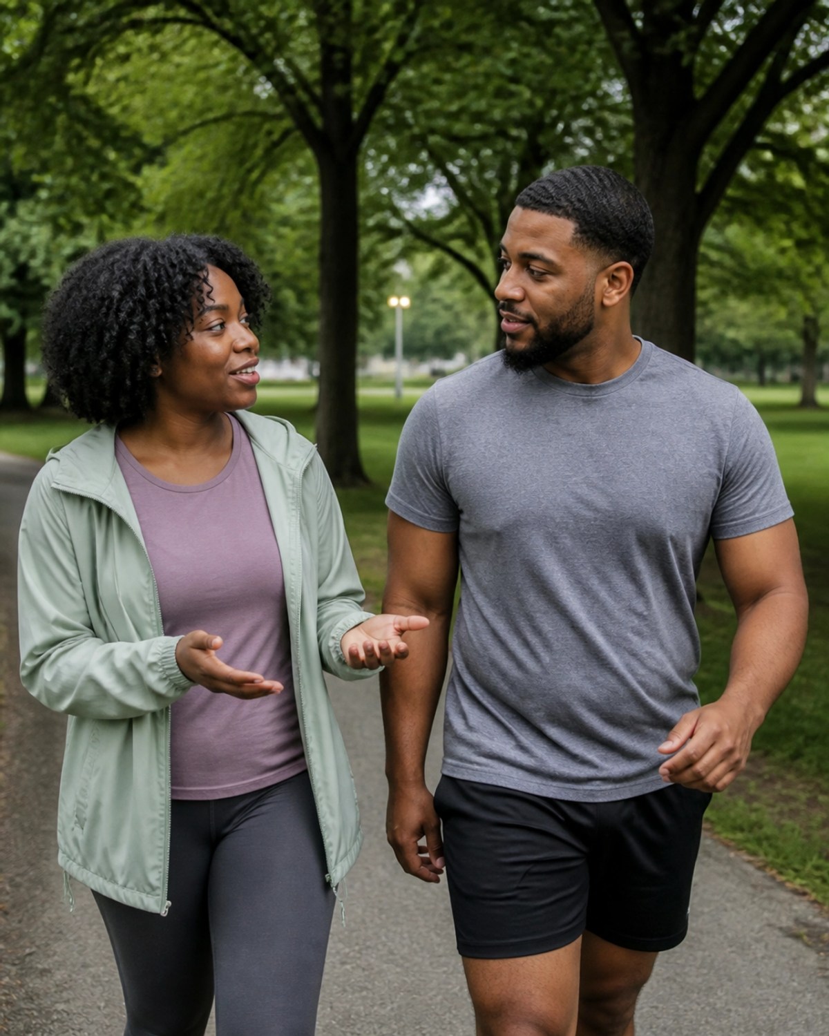 Two people of color walking and talking in a park, representing support and hope