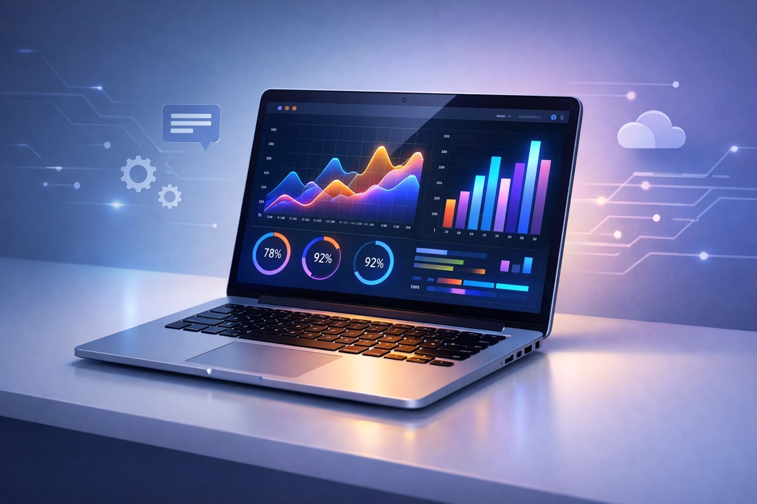 High-performance laptop with productivity dashboard showing 2026 performance capabilities