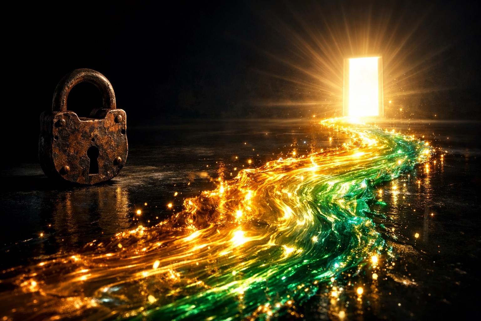 A glowing river of liquid gold cash flow moving past a locked padlock representing a stagnant credit score.
