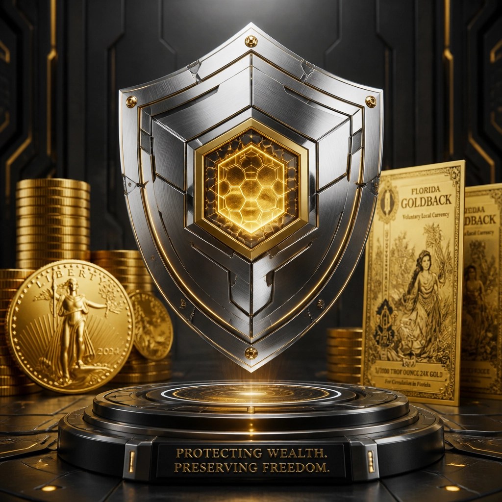 A futuristic 3D render of a digital shield representing sound money protection and asset integrity.