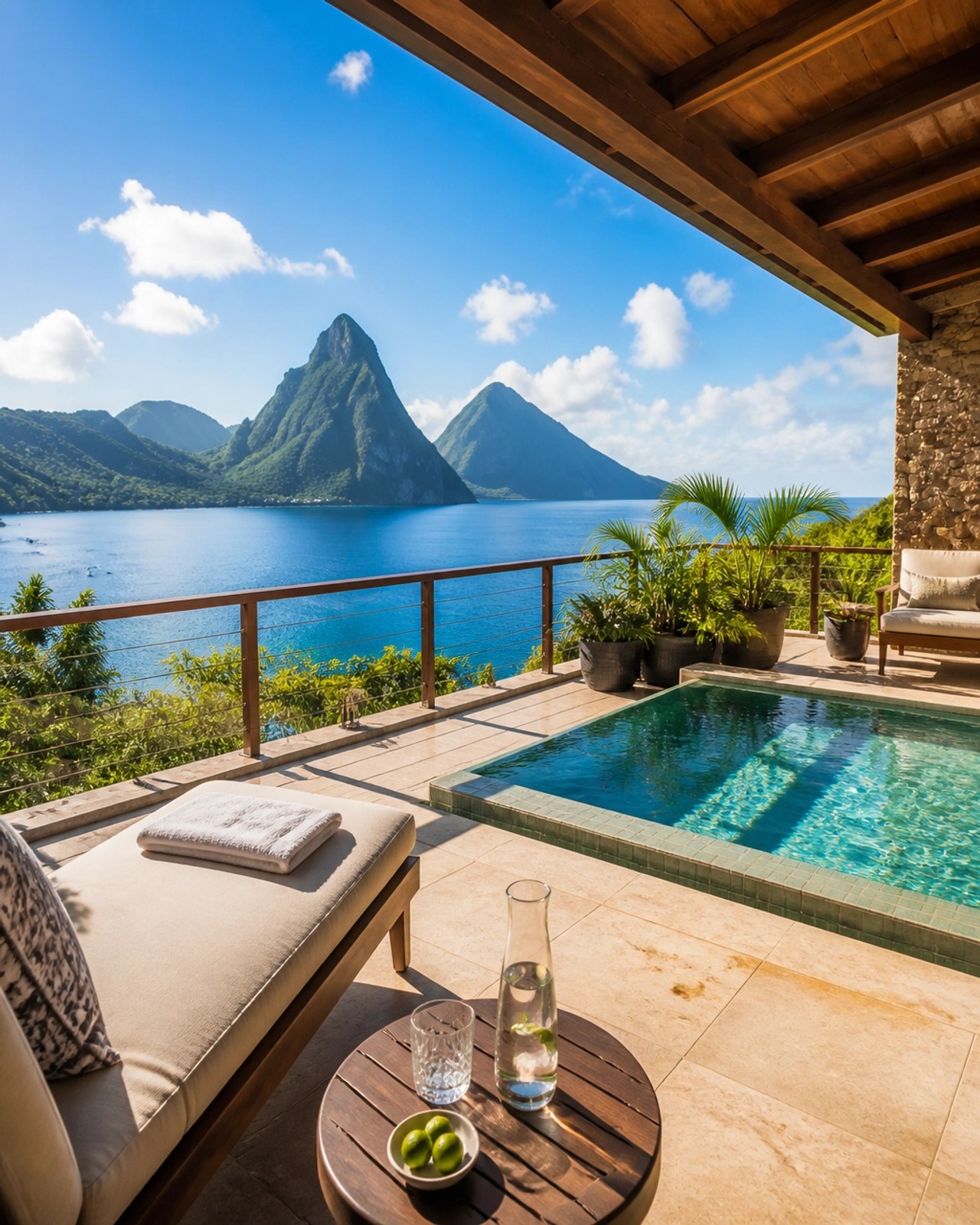 A private luxury villa balcony in St. Lucia with a direct view of the Pitons and the turquoise sea.