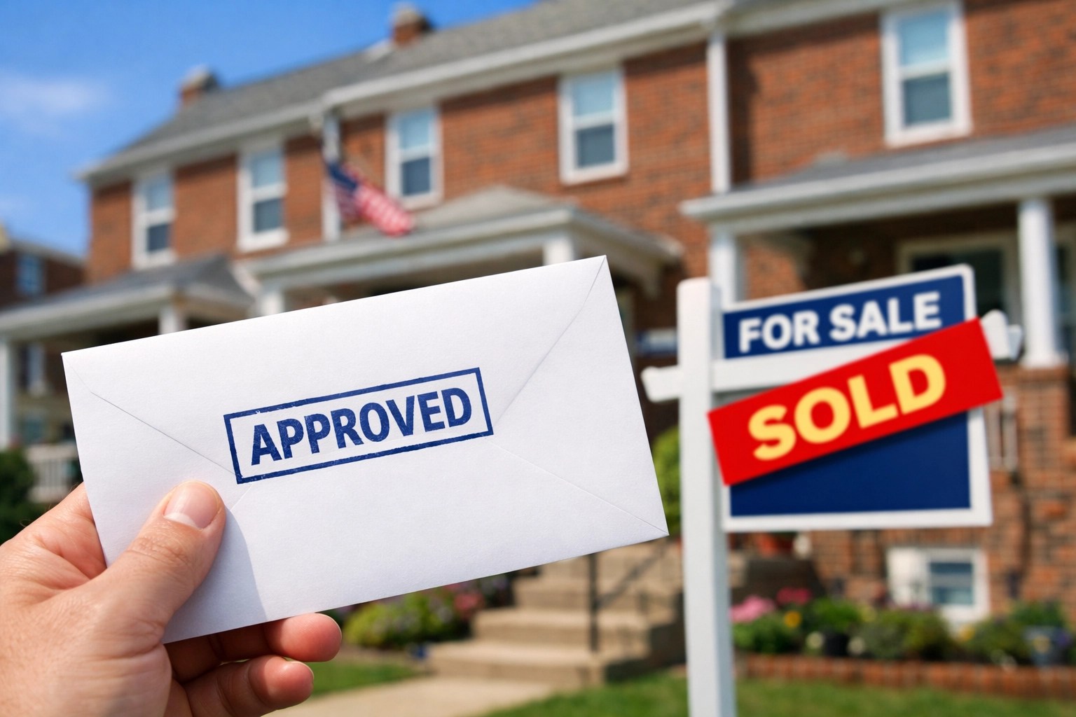 Hand holding a mortgage approval letter in front of a sold brick home in Dundalk, Maryland.