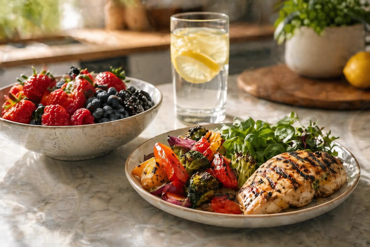 A bright, modern kitchen counter with fresh berries, lemon water, and a balanced plate of chicken and vegetables under warm natural sunlight.