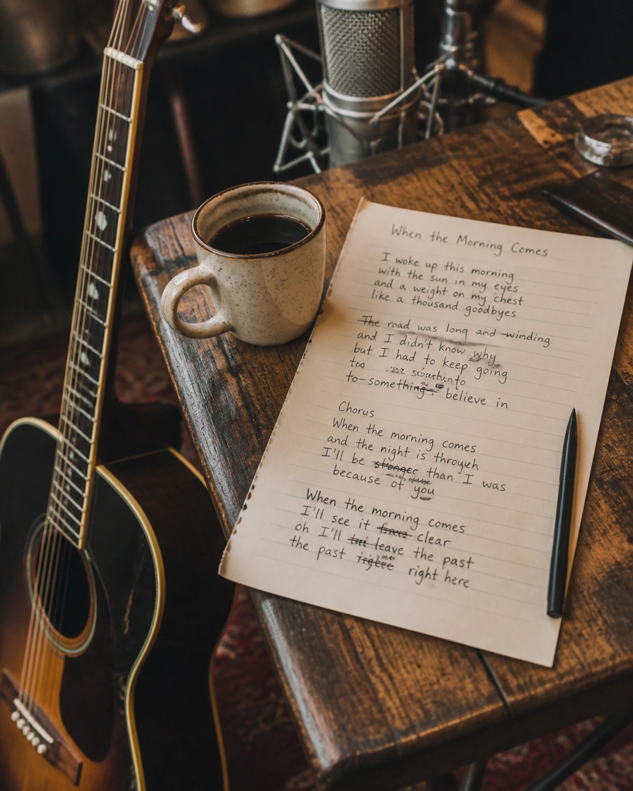 Close up of a guitar and handwritten lyric sheet