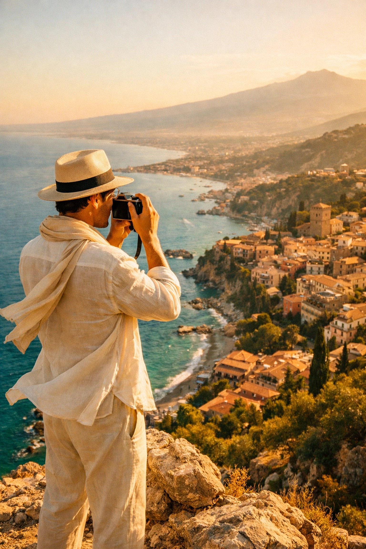 Luxury traveler overlooking Taormina Sicily coastline, popular White Lotus filming location