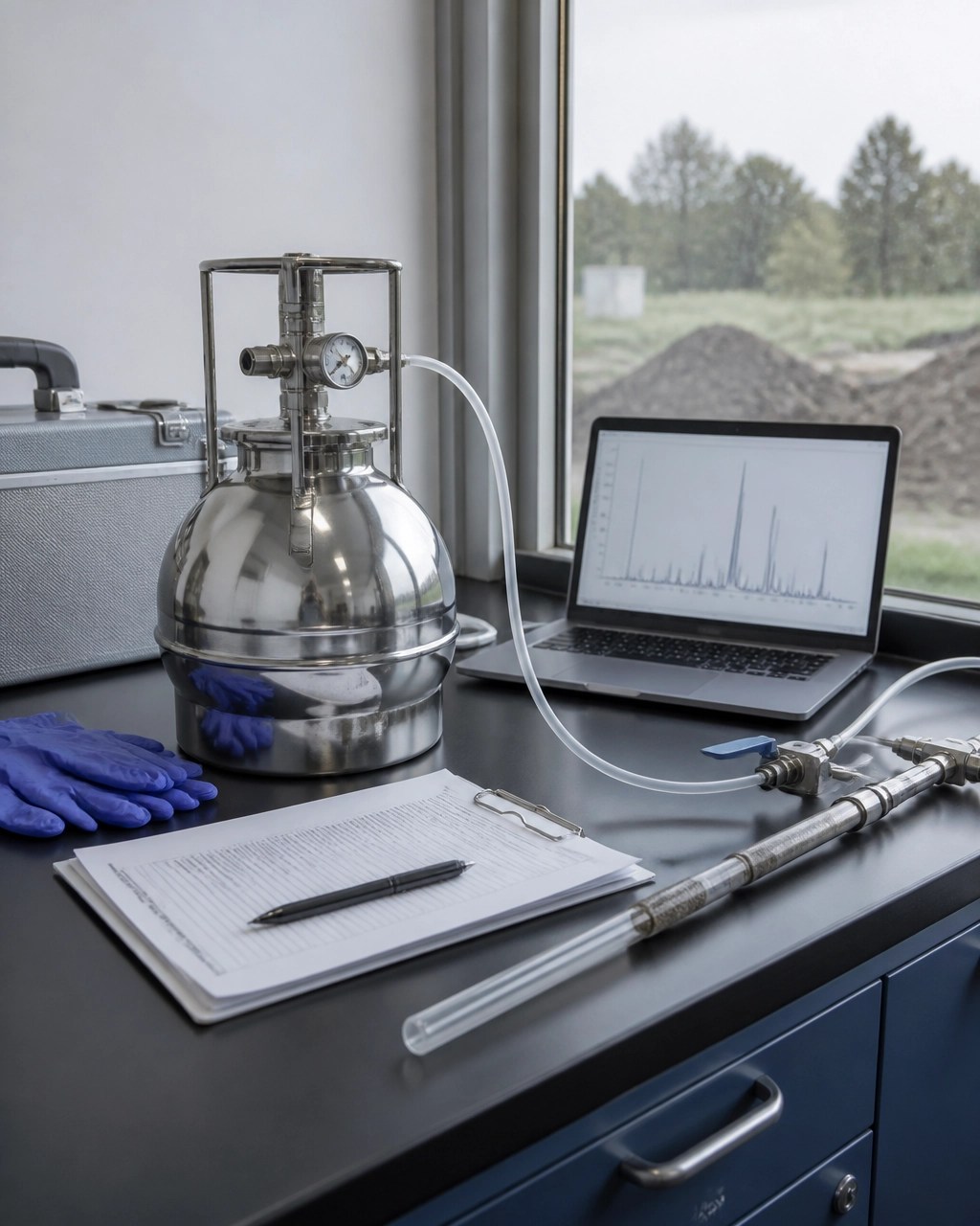 Laboratory and field documentation setup with a stainless steel vapor sampling canister, tubing, and quality control materials