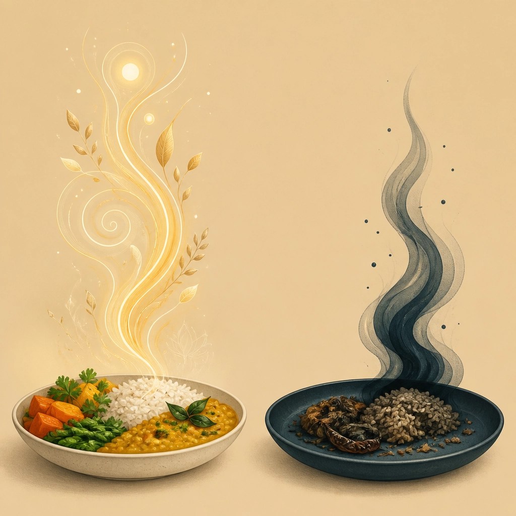 Ilustración conceptual de la pérdida de Prana en alimentos recalentados frente a la frescura de los recién preparados.
