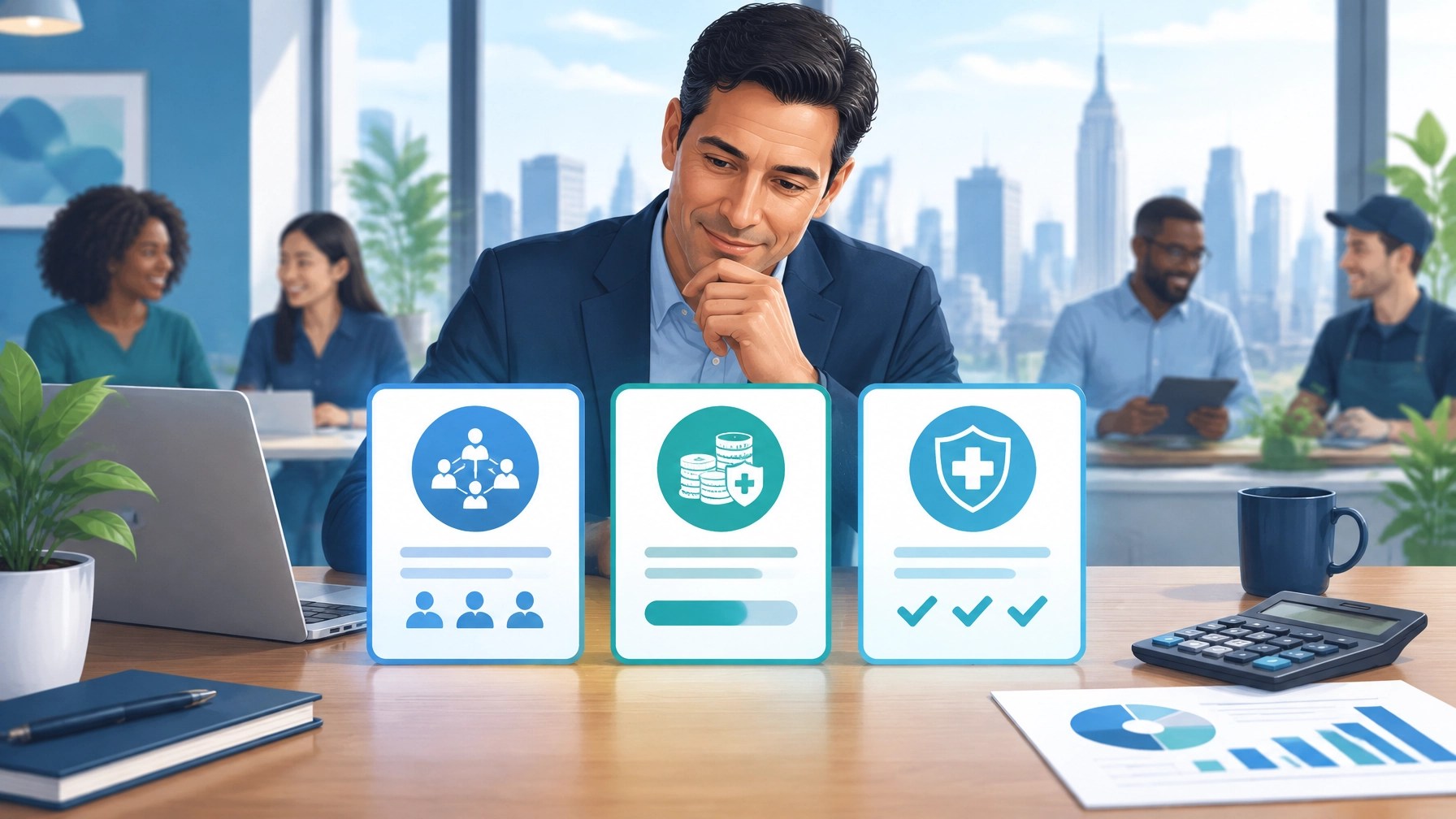 New York business owner comparing health plan design, network, deductible, and budget options