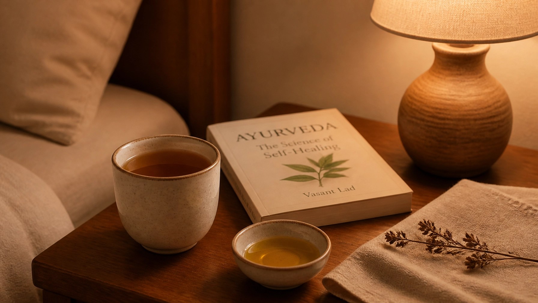 Evening wind-down still life with herbal tea, book, and small bowl of warm oil on a bedside table in soft lamplight