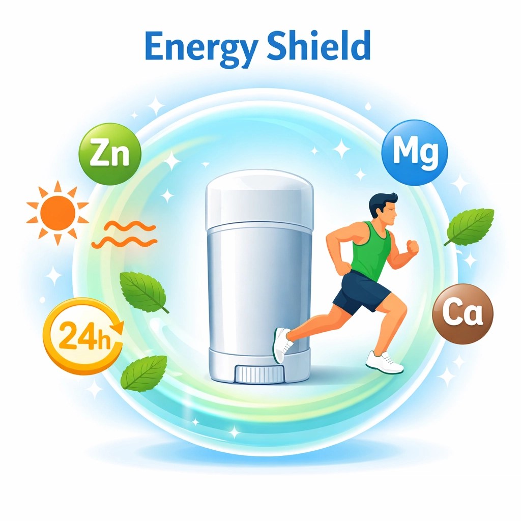 Aluminum-free deodorant stick providing 24-hour protection and a mineral shield for active athletes.