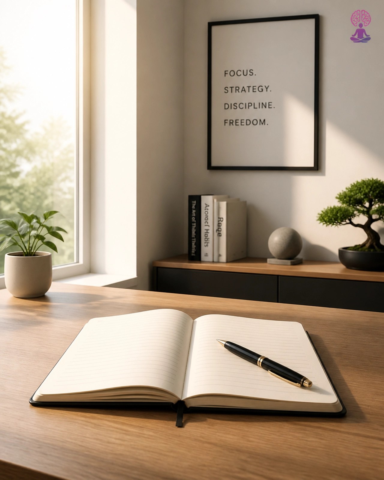 A minimalist home office desk with a notebook and pen, representing strategic planning and decision-making.
