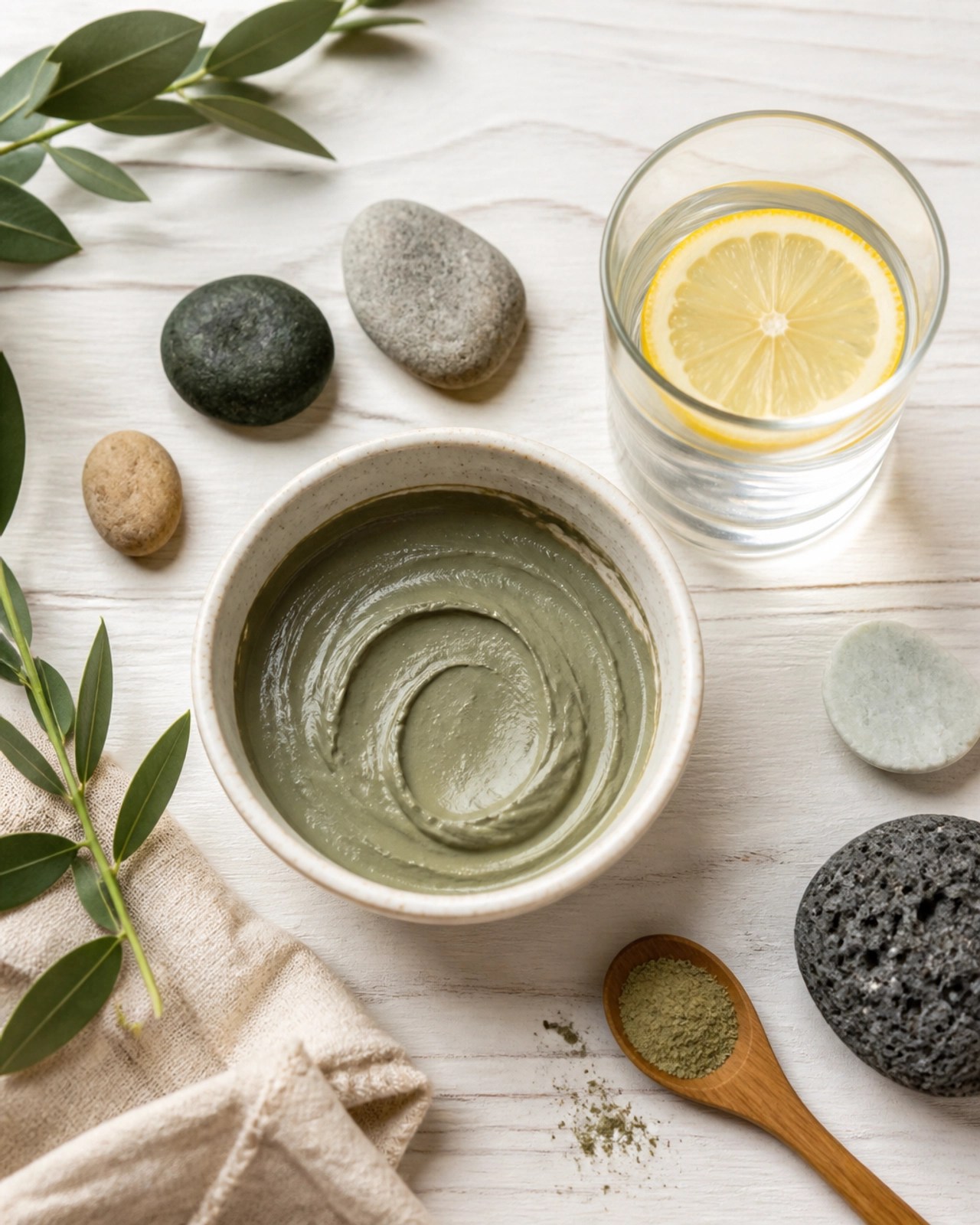 A natural flat lay of green clay and detox elements on a bright wooden table