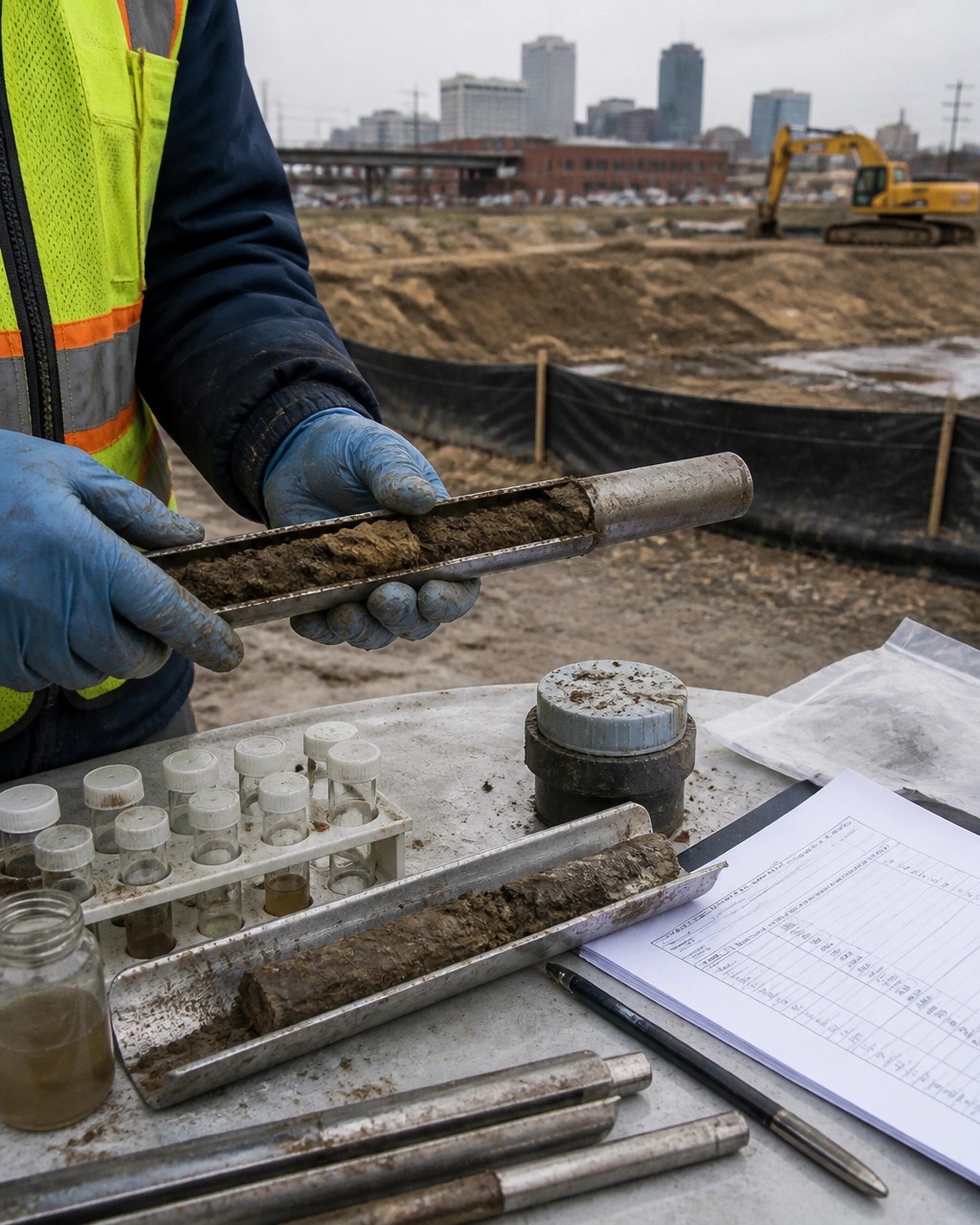 Environmental engineer reviewing soil samples and groundwater sampling equipment