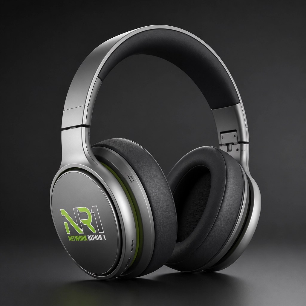 Professional noise-canceling headphones in a minimalist tech setting