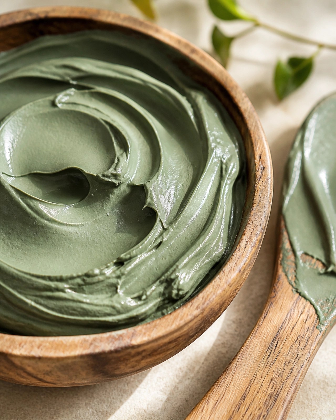 Mixing green clay in a wooden bowl