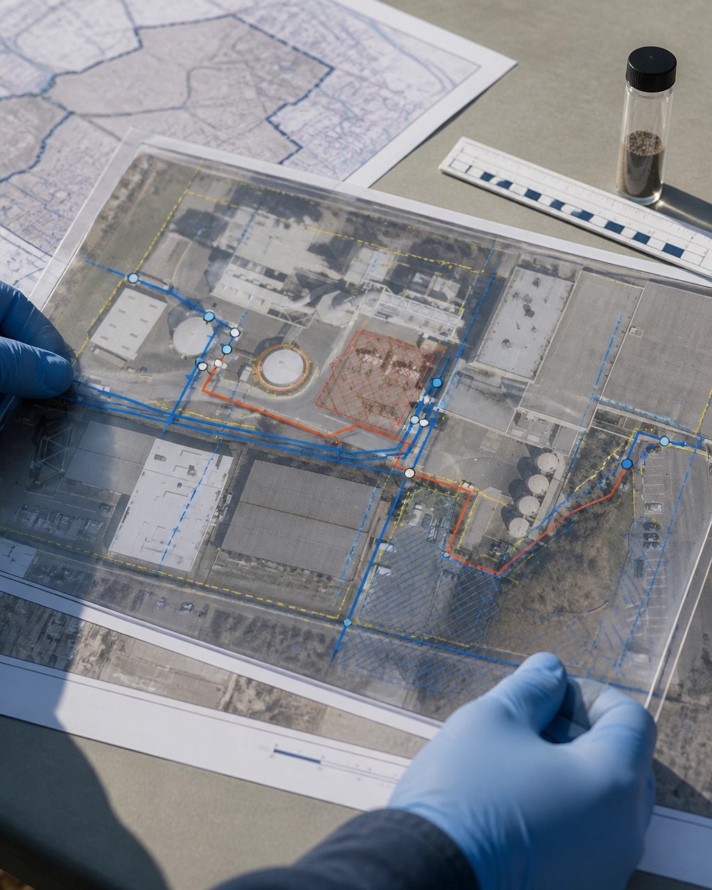 Printed site plan with layered GIS overlays, monitoring points, and environmental burden zones