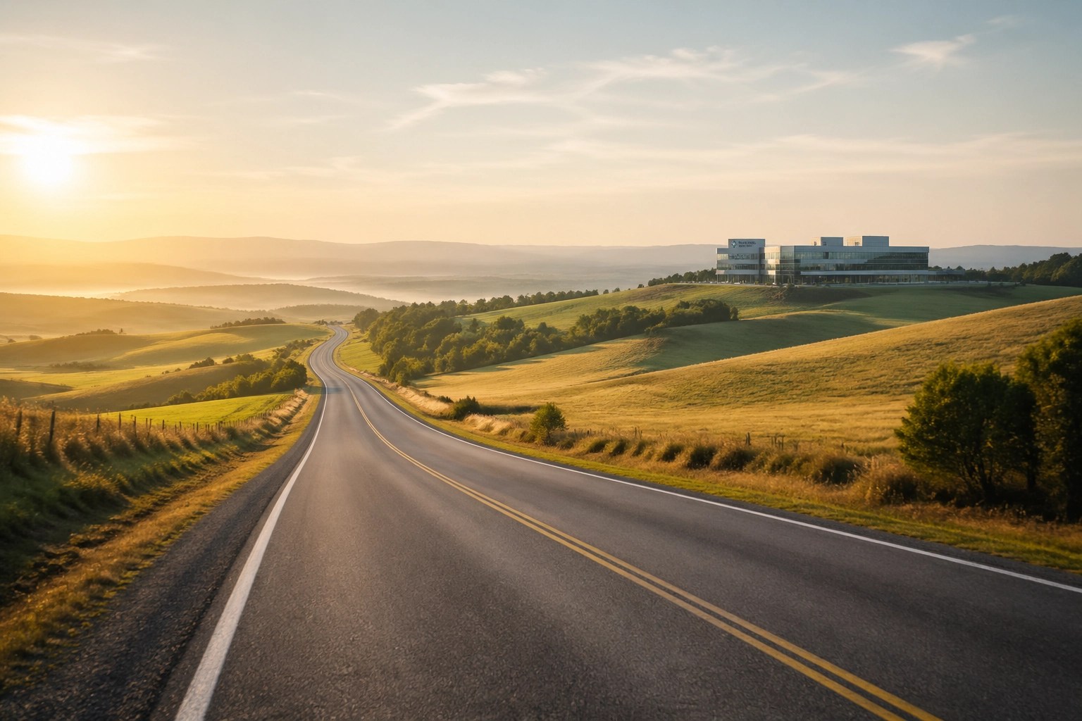 Long rural road leading toward a distant medical center, representing healthcare access distance.