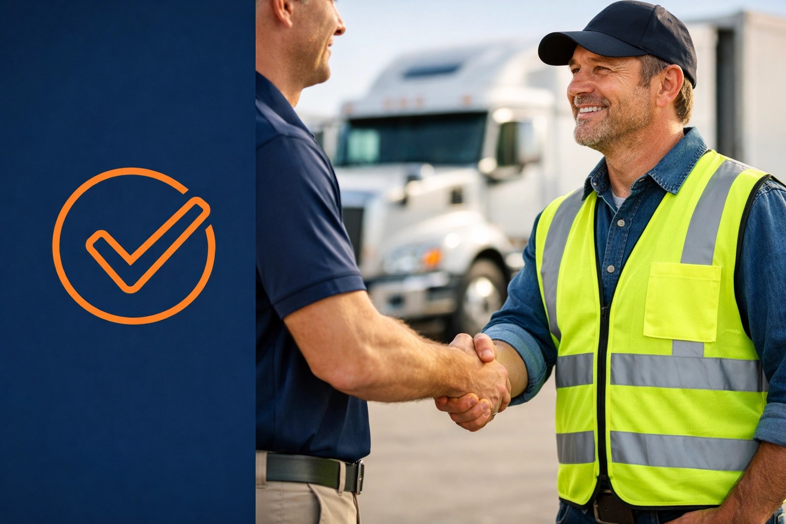 Professional handshake between a freight broker and truck driver at a logistics terminal.