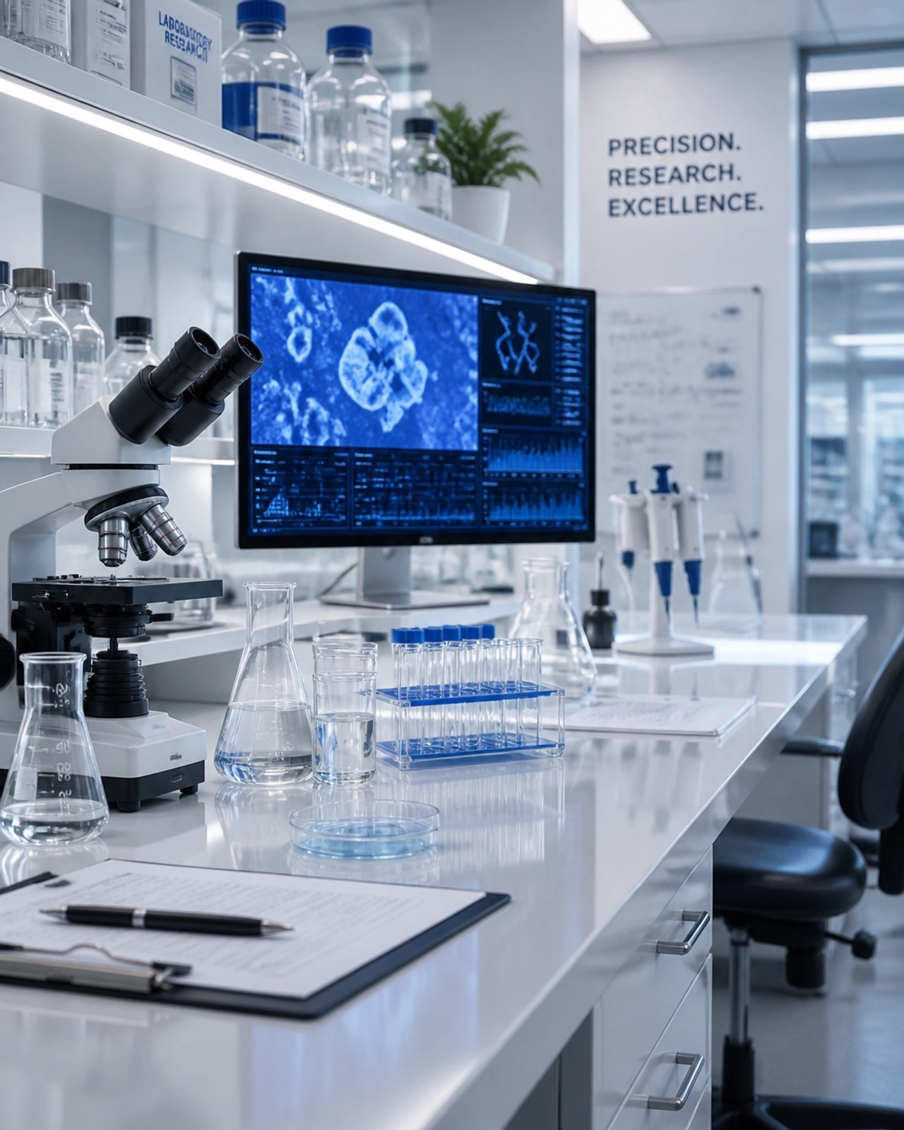 A sleek, modern laboratory workstation with high-tech equipment