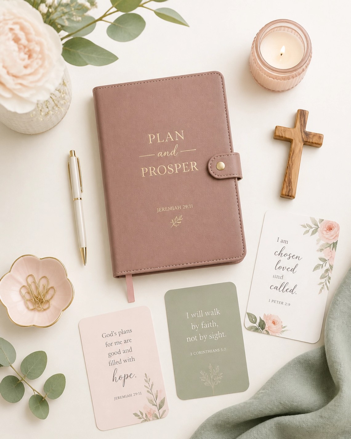 A flat lay of a Plan and Prosper desk setup with a dusty rose Christian planner and affirmation cards.
