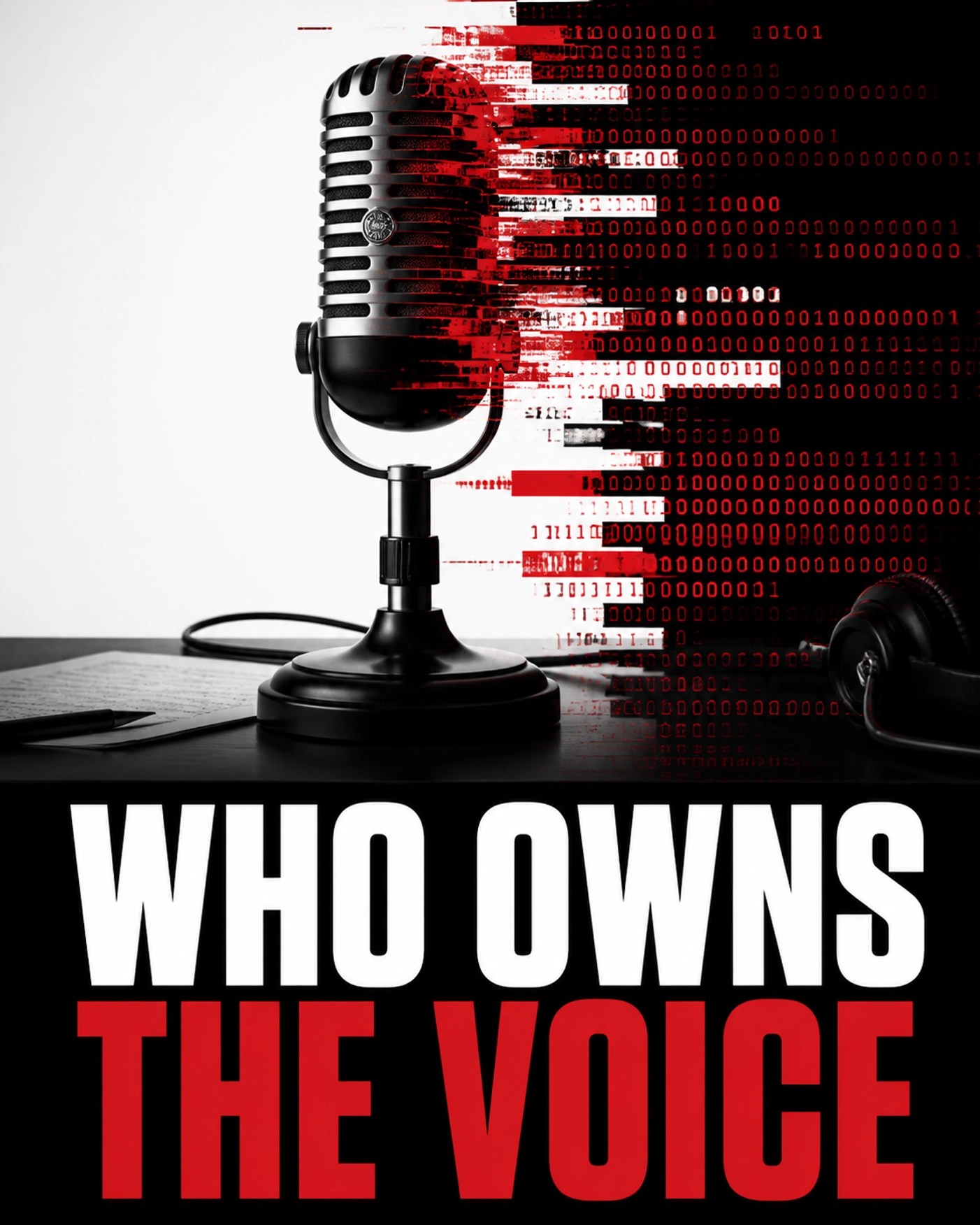 Glitched microphone graphic questioning ownership and rights in the era of AI-generated music and voices.