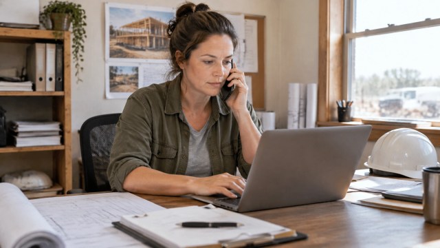 A construction office coordinator talks on the phone while reviewing project paperwork.