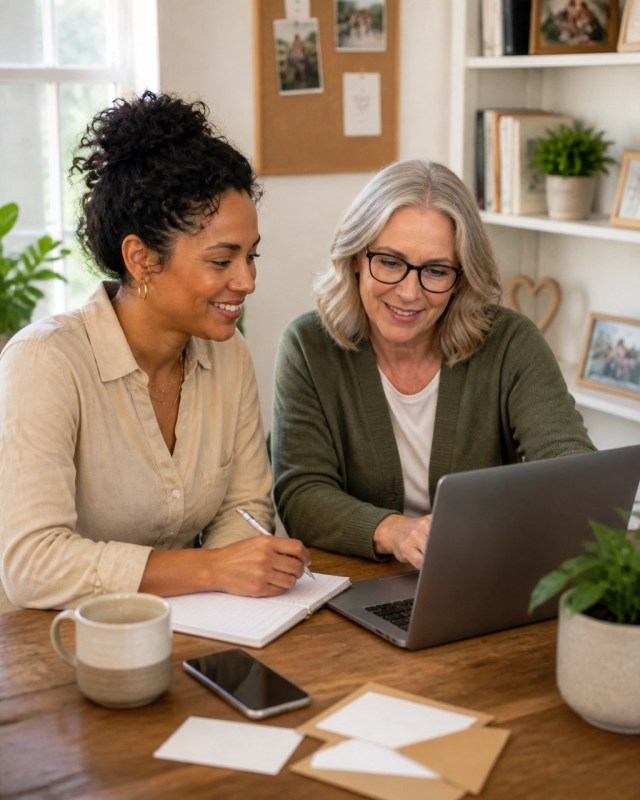 Nonprofit staff and a volunteer reviewing donor thank-you messages and a follow-up calendar