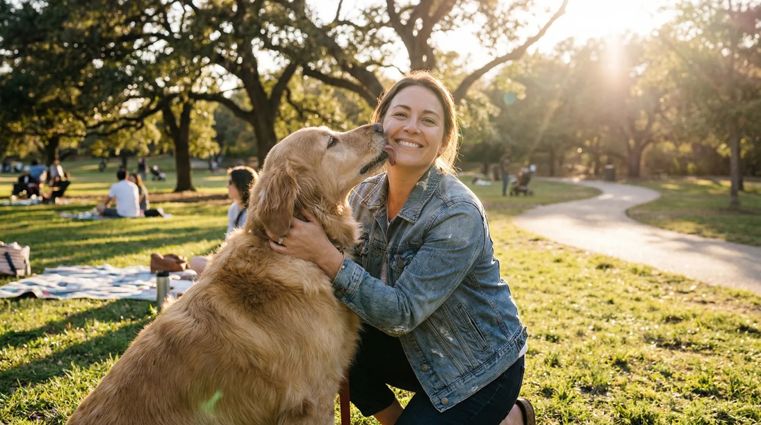 A happy woman kneels in a sunny park, smiling as a large golden retriever affectionately licks her cheek.