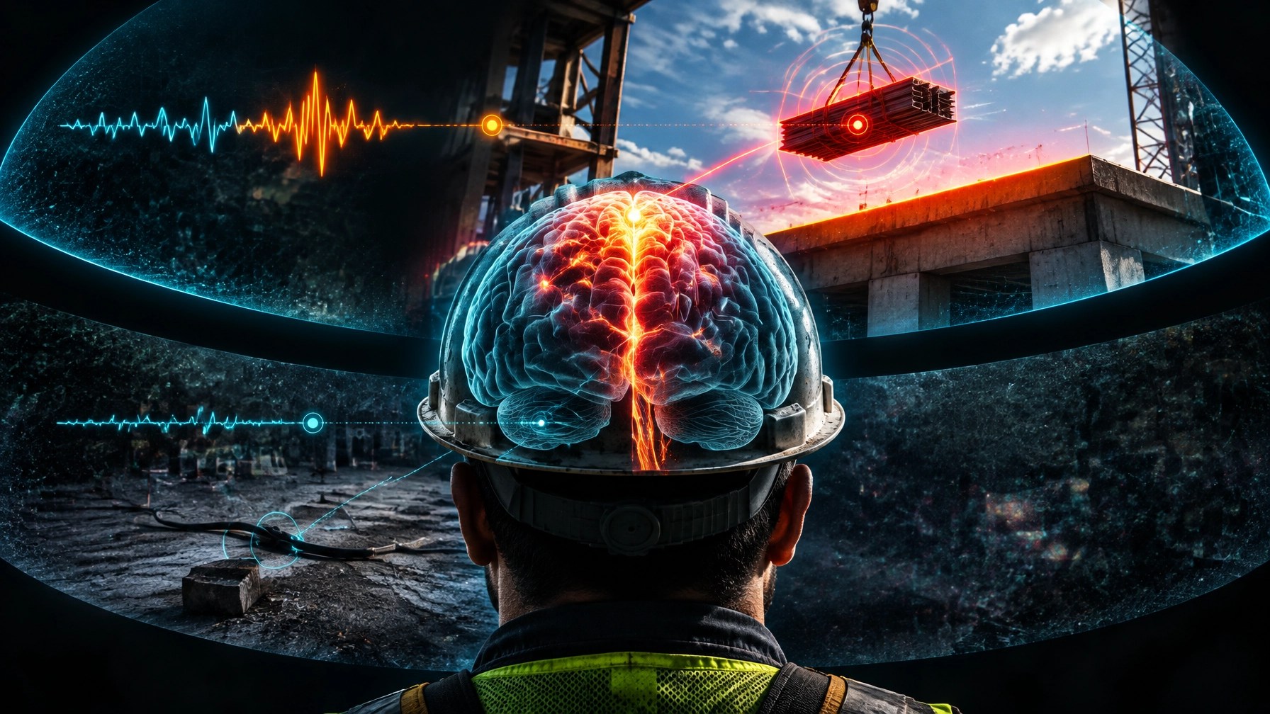Futuristic visualization of early neural detection for critical hazards contrasted with a low-priority trip hazard fading into visual noise