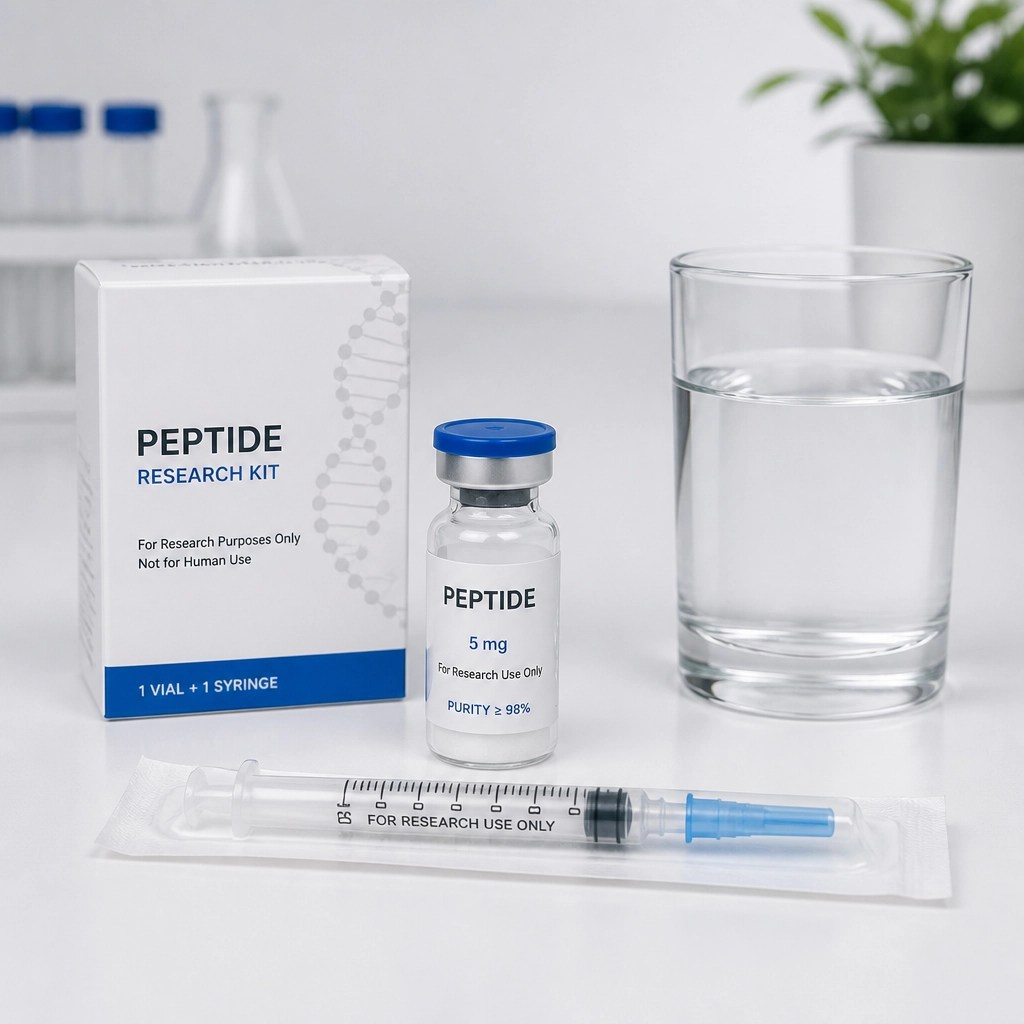 Clinical product kit showing vial and sterile syringe