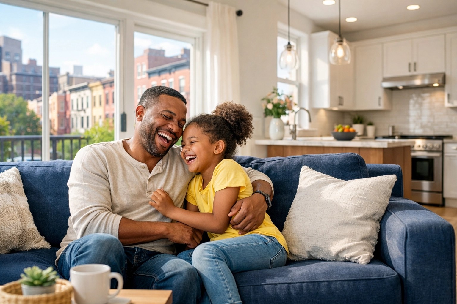 A family enjoying their bright modern living room, highlighting the personal and financial rewards of homeownership.