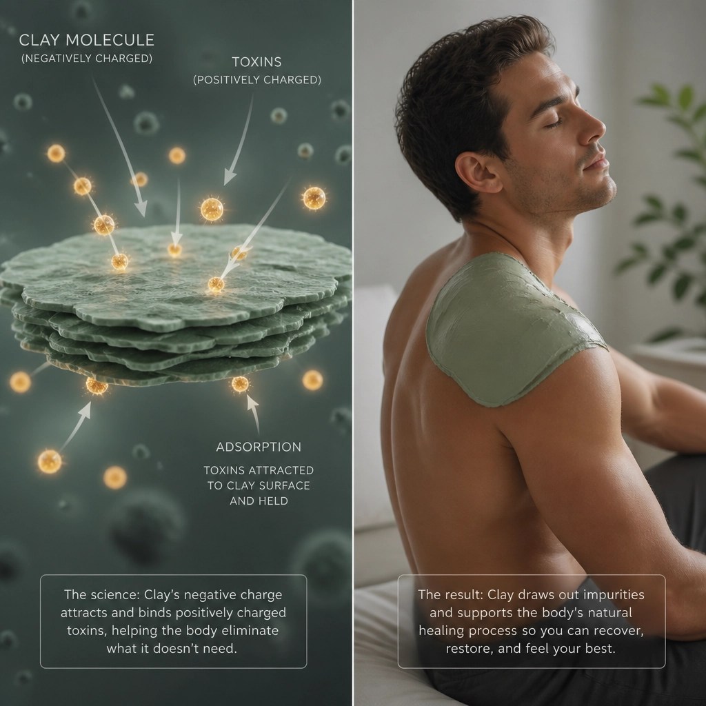 A split-screen conceptual illustration showing the science of clay adsorption and an athlete recovering.
