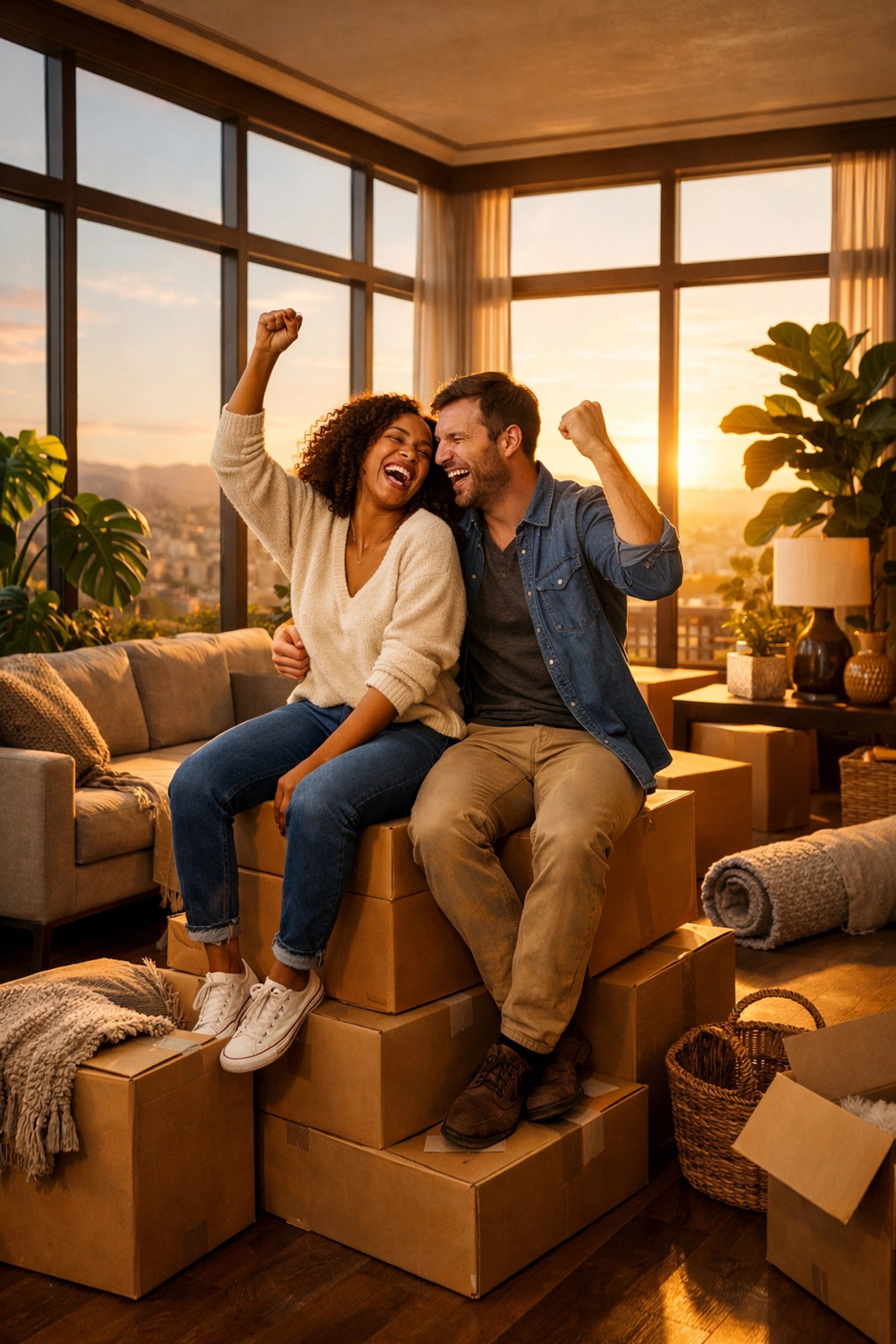 Happy millennial couple sitting on moving boxes in a sun-lit living room, celebrating home affordability in 2026.