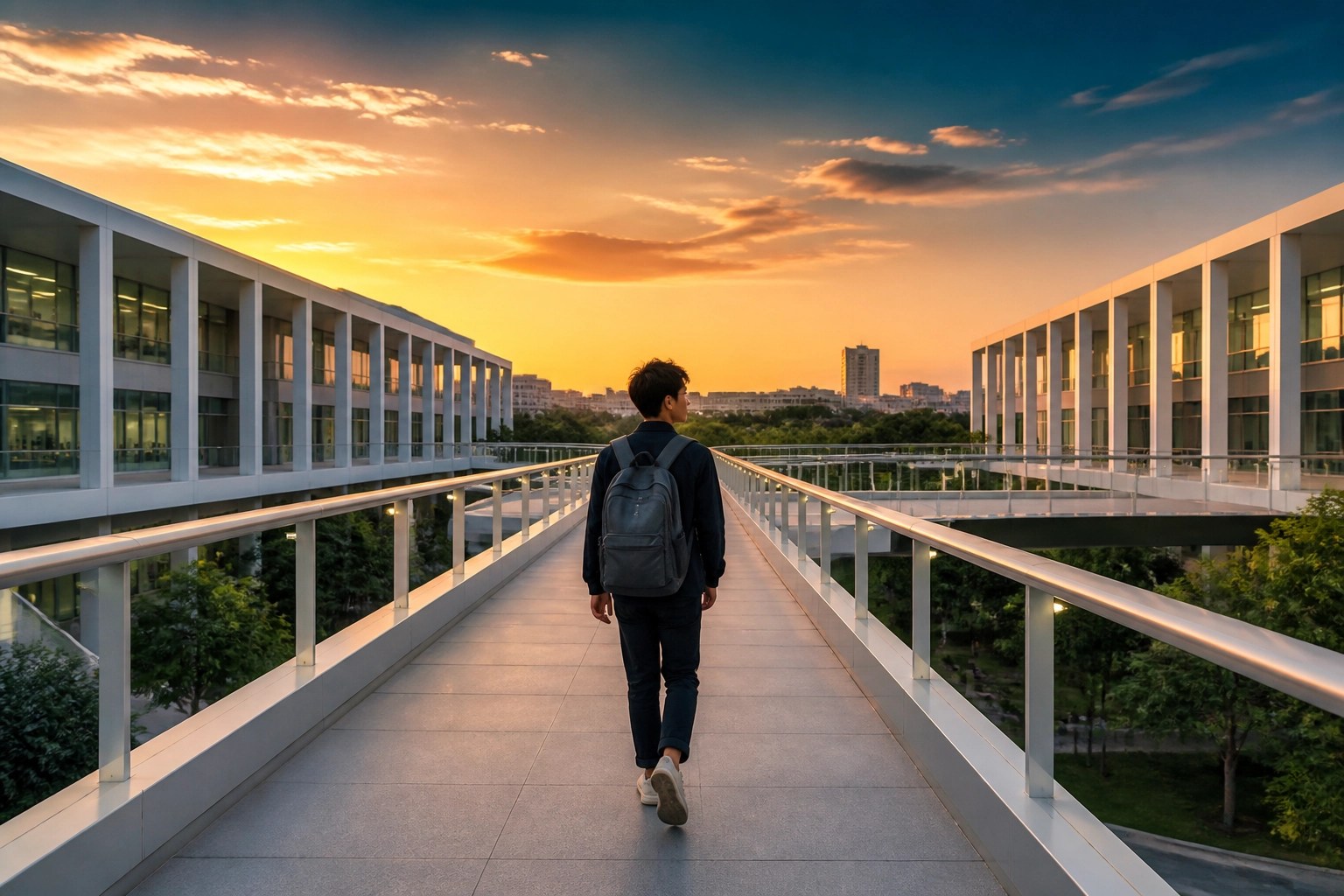 Confident student walking across a campus bridge, representing progress and a launchpad for educational success.